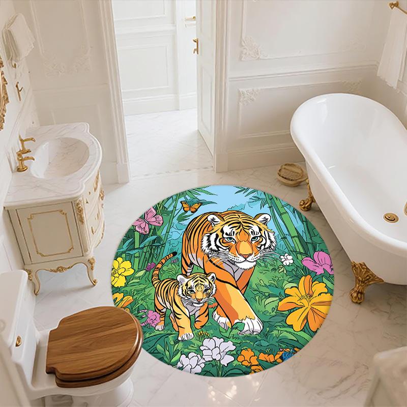 Bamboo Forest Tiger,Round Area Rug,Carpet Rug for Living Room Bedroom Sofa Playroom Decor,Non-slip Floor Mat