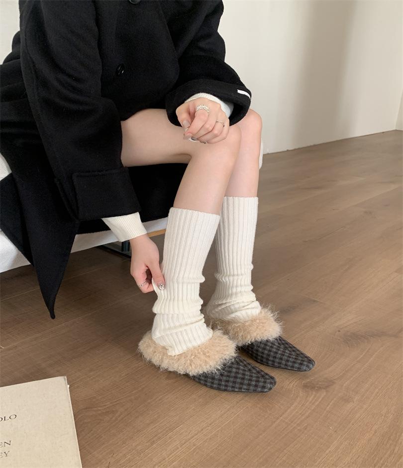 Korean version of square head plush shoes single shoes women's 2025 warm cotton shoes French thick heel retro black small leather shoes