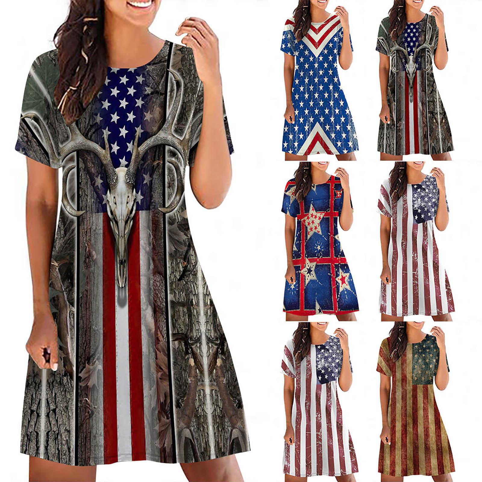 

Женское летнее винтажное повседневное модное платье с короткими рукавами и круглым вырезом с принтом ко Дню независимости
