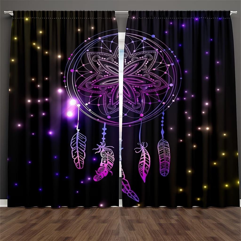 2 Pieces of Dreamcatcher Curtains, Rod-Pocket Style Polyester Blackout Fabric Curtains, Purple Galaxy Star Print Light-Filtering Curtains