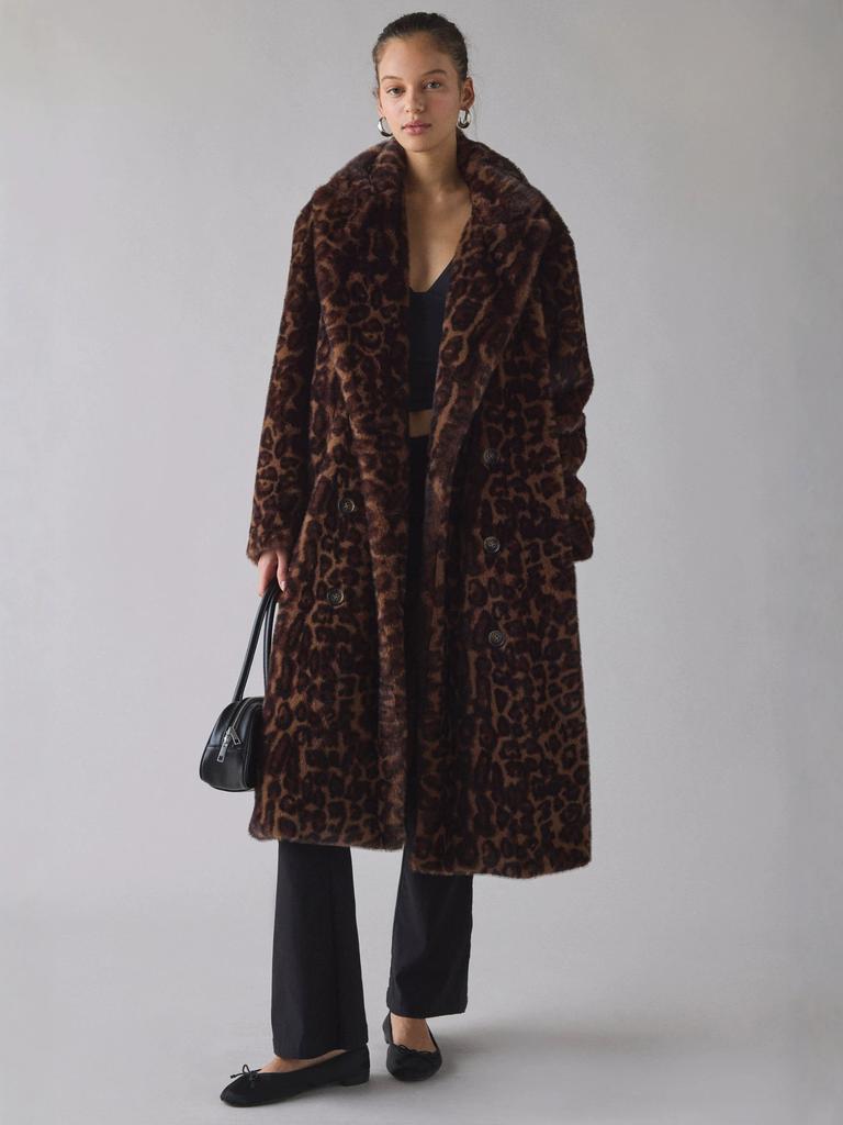 Popular Leopard Print Medium and Long Imitation Fur Coat Women's Double-breasted Lapel Loose Light Luxury Thermal Jacket