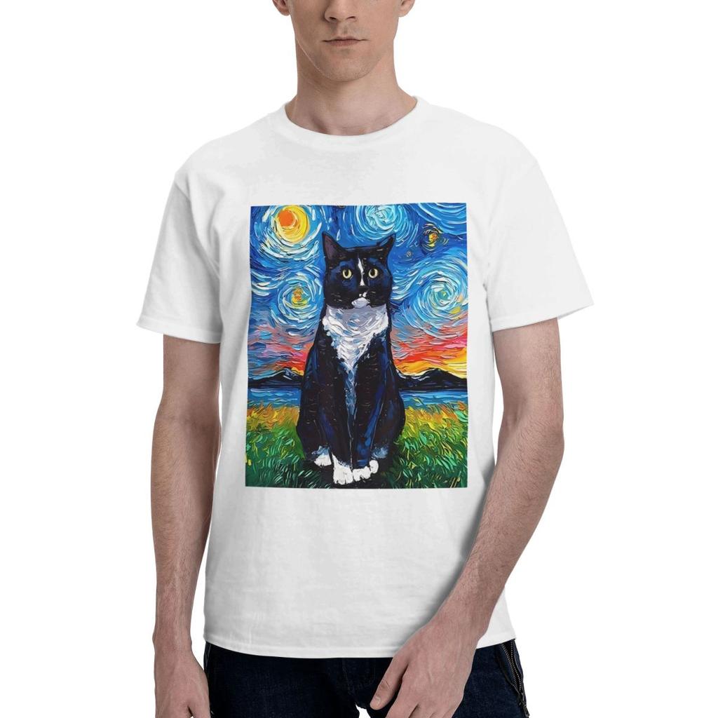 Black And White Cat Starry Night Print 100 Cotton Casual Breathable Confortable Men Top Mens Clothing Brands Men TShirt