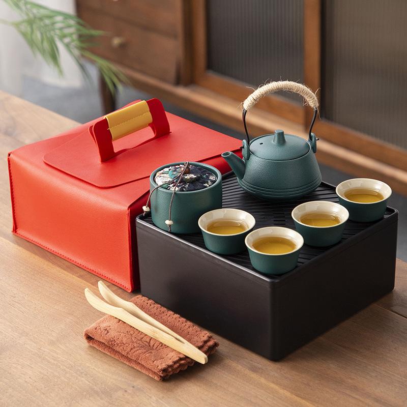Japanese-style black pottery outdoor portable travel tea set, beam pot, dry tea tray, business company gift