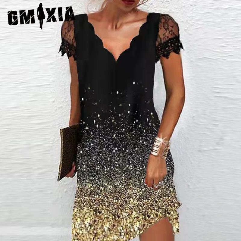 GMXIA Abiti casual con scollo a V a maniche corte primavera estate moda donna