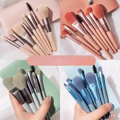 8pcs Set Mini Wooden Makeup Brushes Portable Morandi Color Beauty Tools With Storage Bag