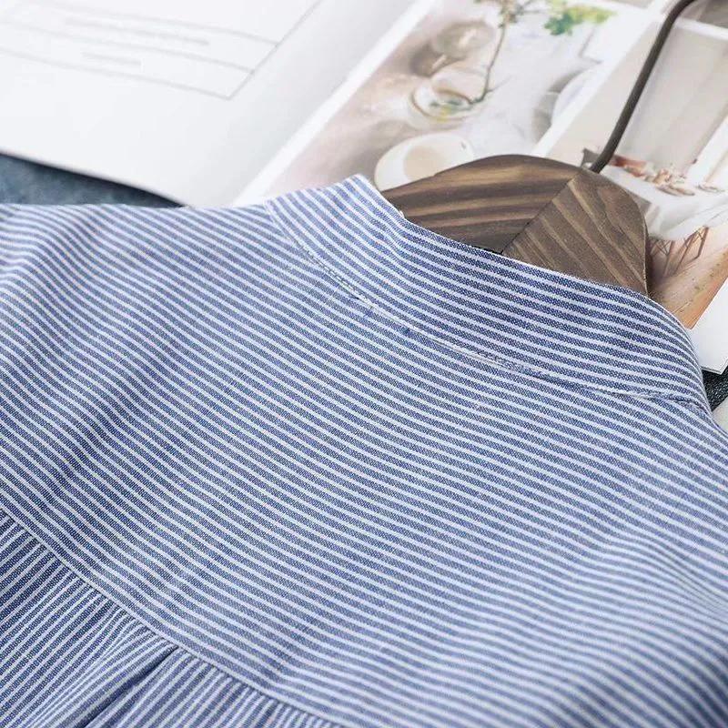 Spring Autumn Women Vintage Stand Collar Cotton Shirt Ruffles Full Sleeve Loose Blouse Casual Office Wear
