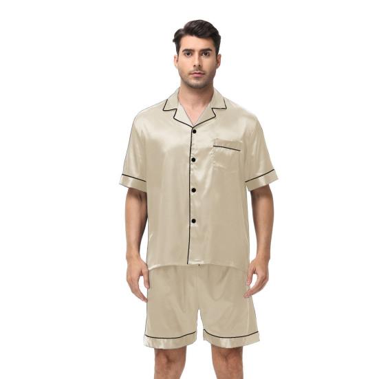 2 Teile/satz Männer Pyjamas Set Revers Kurzarm Einreiher Tops Elastische Taille Shorts Set Einfarbig Satin Nachtwäsche