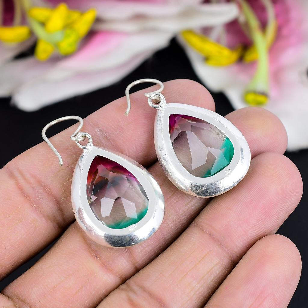 Bi-Color Tourmaline Gemstone 925 Sterling Silver Jewelry Earring 1.77" KG-1790