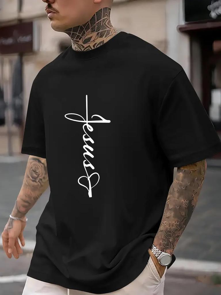 Unisex Jesus Cross Cursive Letter Graphic Crew Neck Short Sleeve Oversized Loose Casual Summer Streetwear Daily Basic Comfort Tee