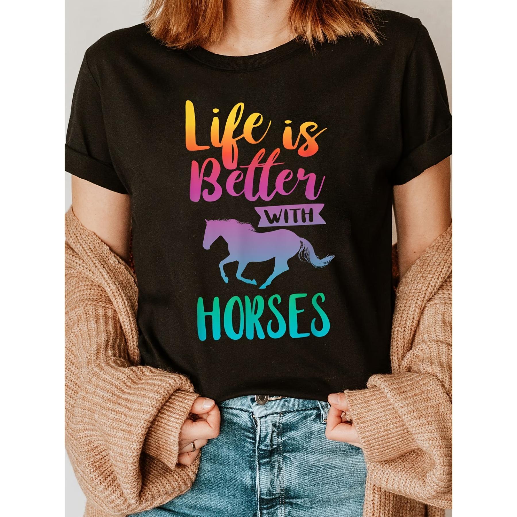 

Футболка с принтом лошадей, с круглым вырезом, с коротким рукавом, повседневный топ для лета и весны, женская одежда S чёрный