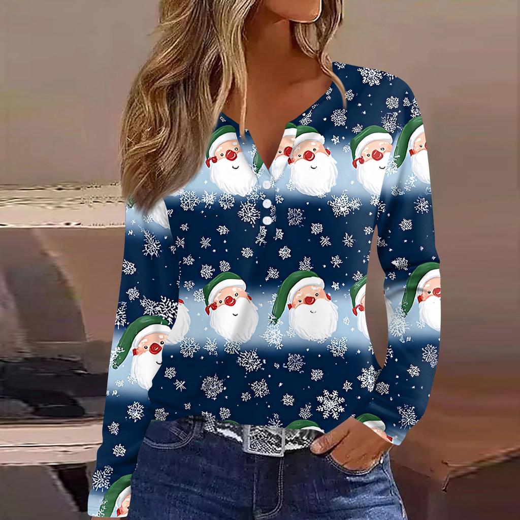 Women's T Shirt Tee Christmas Printed Button Long Sleeve Tunic Daily Weekend Fashion Basic V- Neck Regular Top