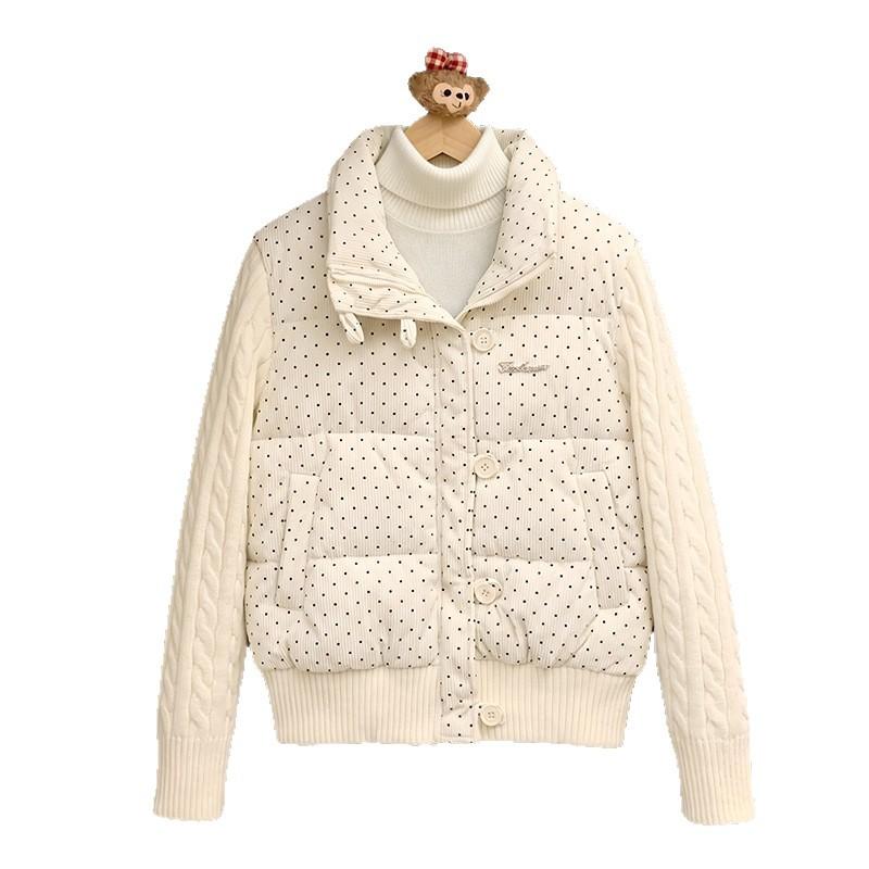 Sweet polka dot knitted splicing cotton-padded jacket women's winter loose thickened short warm cotton-padded jacket bread jacket