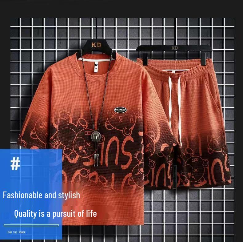 Men's Summer Waffle Ice Silk Two-Piece Casual Suit - Short-Sleeve T-Shirt & Shorts
