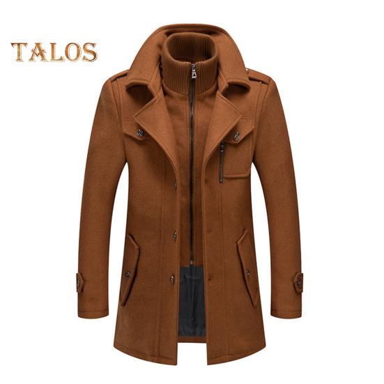 Men Woolen Coat Double Stand Collar Long Sleeve Single-Breasted Solid Color Jacket with Pockets Autumn Winter Mid-length Outwear