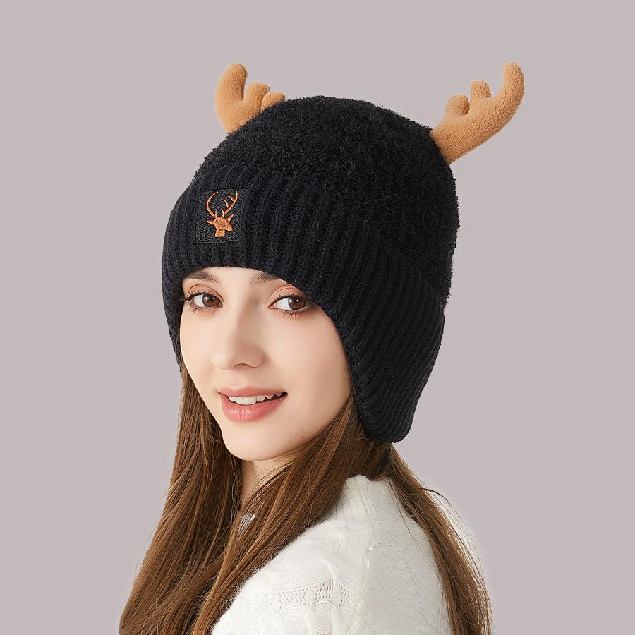 

Вязаная шапка женская, защита ушей с рогами, толстая теплая шапка, женская зимняя шерстяная шапка