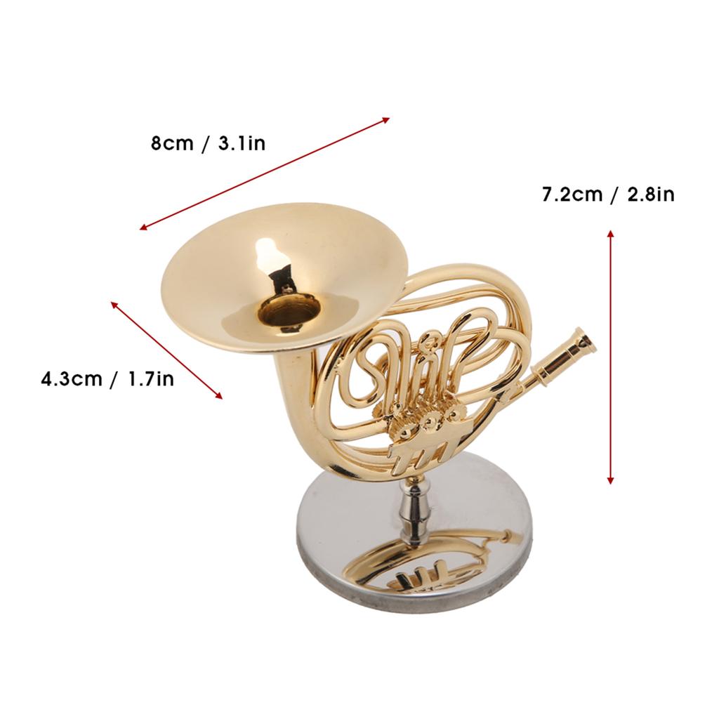 4in Miniature Golden French Horn Replica with Stand Instrument Model Ornaments Christmas Gifts