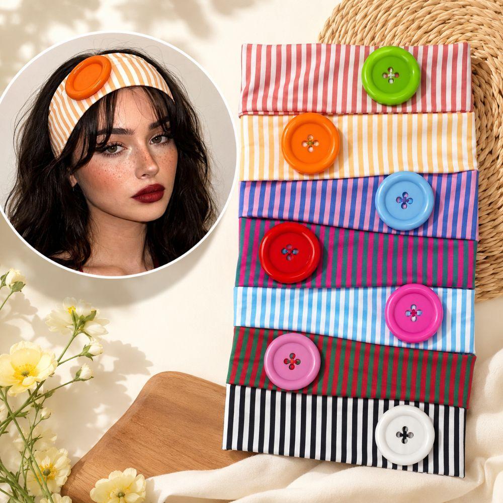 Striped Print Large Button Headband Dopamine Summer Hairband Niche Headscarf Lady Girls Headwear