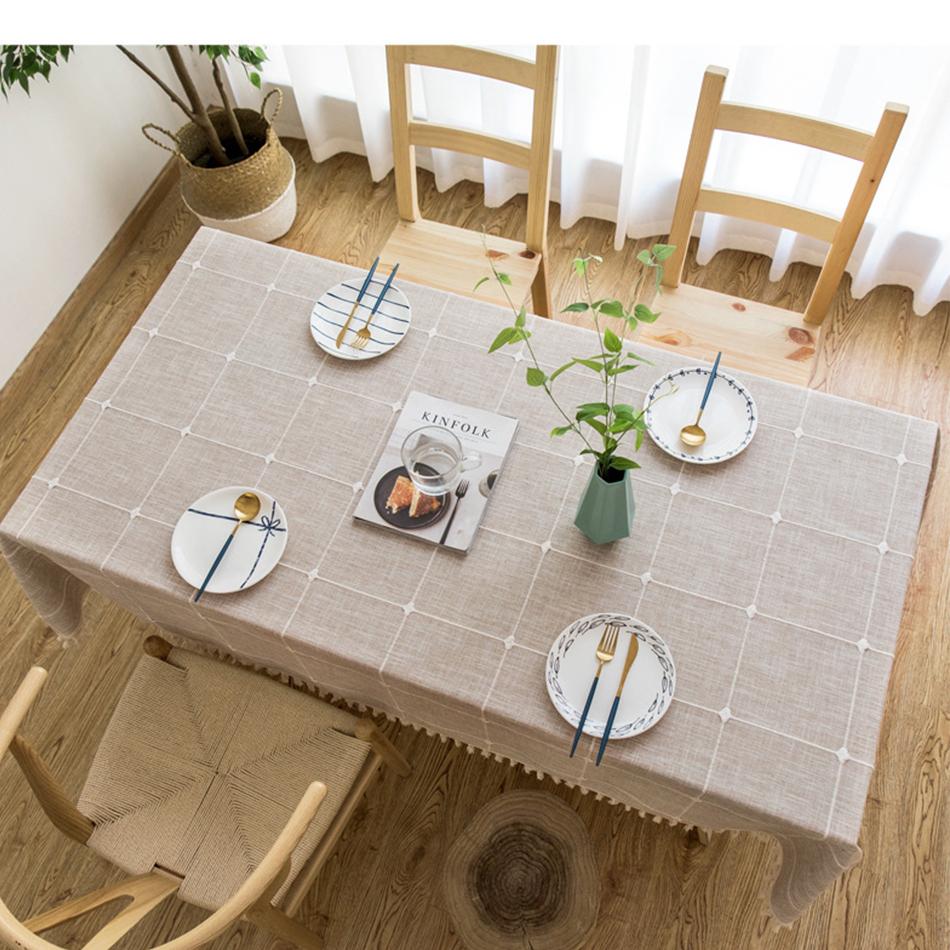 Grey Large Square Embroidery Tassel Tablecloth,Cotton Linen Dust-Proof Checkered Table Cover,For Kitchen Dinning Tabletop Decor