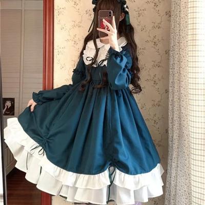 Vestido Princesa Lolita Victoriano Vintage para Mujer Encaje Japonés Lazo Cintura Alta Vestidos de Fiesta Kawaii Chica Gótico Halloween Vestidos