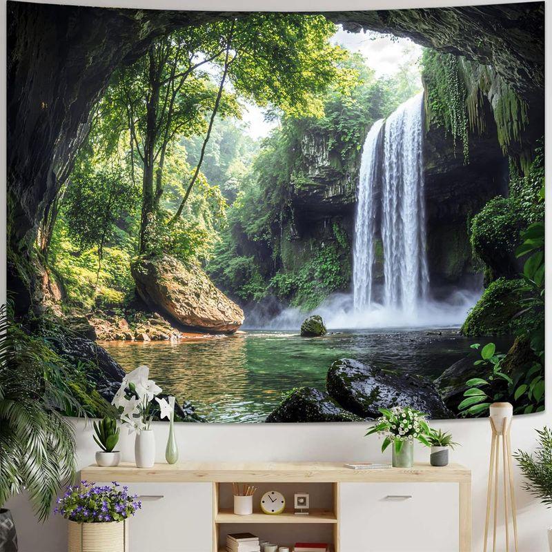 Zen Wild Forest Waterfall Tapestry Misty Cave Scenery Wall Hanging Aesthetic Dorm Bedroom Boho Home Wall Decor Cloth