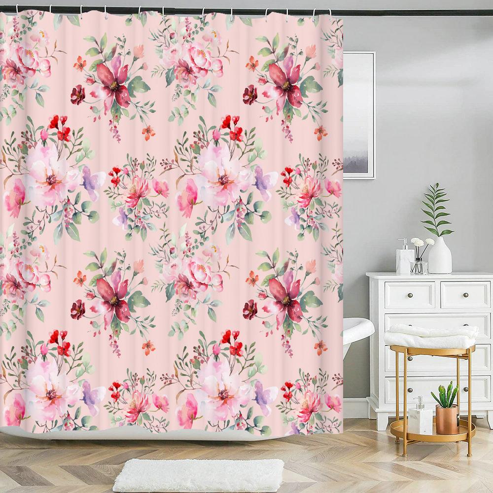 Beautiful Big Pink Flowers Printing Shower Curtain Polyester Waterproof Bathroom Curtain With Hook Door Curtain Home Decoration