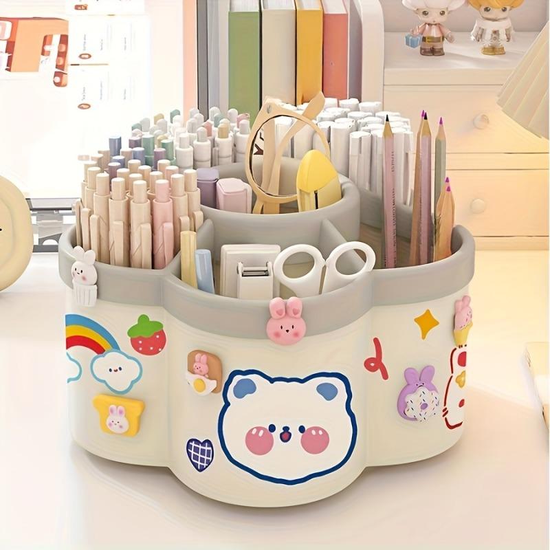 Large Capacity Rotating Pen Holder Thickened PP Desk Organizer for Students Multi-functional Storage Case with Non Slip Base