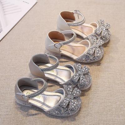Scarpe col tacco alto da bambina argentate con strass, stile principessa - Scarpe eleganti chiuse in punta con fiocco e suola morbida