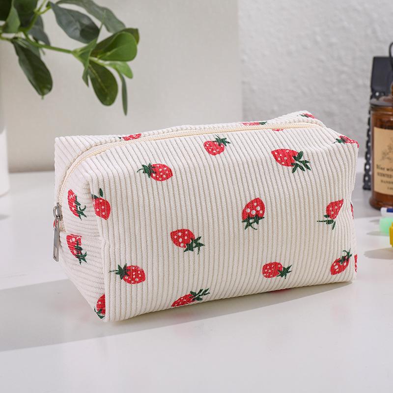2026 Cute Strawberry Corduroy Travel Cosmetic Lipstick Brush Portable Storage Bag Women Girl Makeup Handbags Pouch Bag Organizer