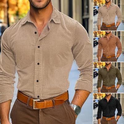 İlkbahar Sonbahar Erkek Gömlek Yakası Aşağı Tek Düğmeli Uzun Kollu Vintage Slim Fit Saf Renk Günlük Resmi İş Ofis Üst