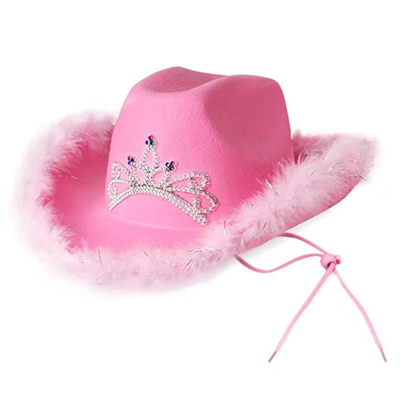 Pink Crown Western Cowgirl Hat Women Girls Tiara Feather Felt Sequin Cowboy Cap Costume Party Jazz Caps Halloween Cosplay Props