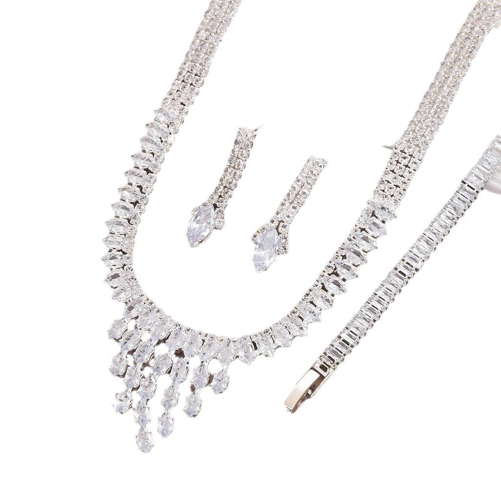 Claw Chain Flash Bare Diamond Zircon Full Diamond Earrings Necklace Set, Retro Simple Dress Collarbone Chain For Women