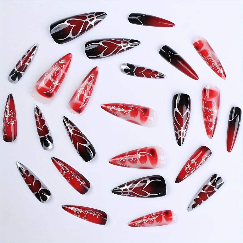 Red Press On Nails Long Stiletto Fake Nails with Designs Tips Almond False Nails Full Cover Acrylic Glue On Nails Reusable Stick On Nails for Women