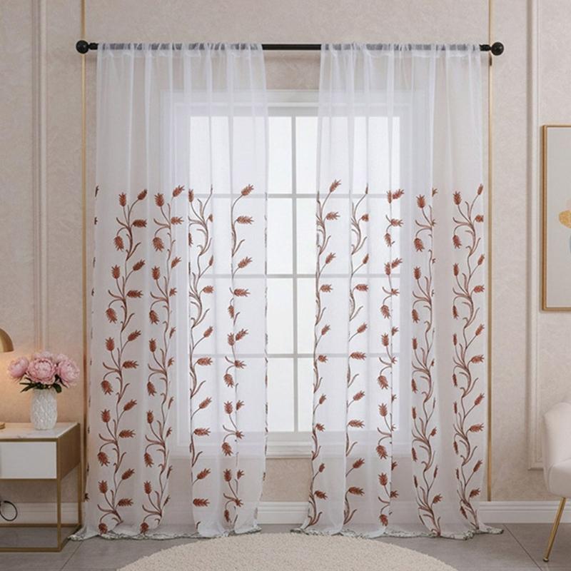 Rod Pocket Design Semi Sheer Curtain Easy Installation Wheat Embroidered Voile Drape Light Filtering for Home Decors