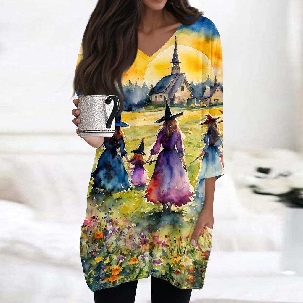 Women's Halloween Print V-Neck Tunic Top with Pockets 3/4 Sleeve for Casual Fall Wear