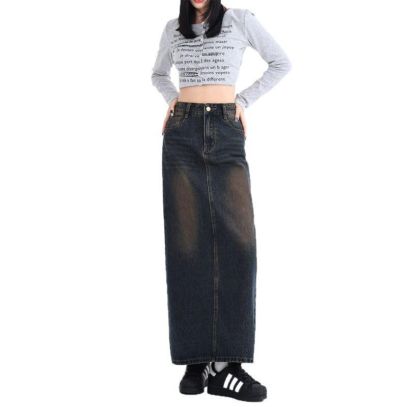 Women's High-Waist Slit Denim Midi Skirt - Versatile A-line, Slimming Fit for Spring & Autumn 2025