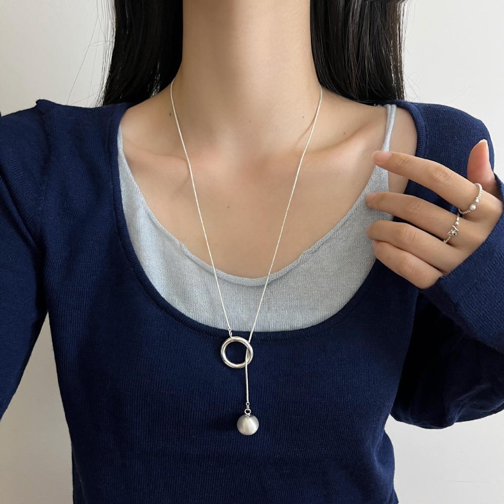 Luxury Brushed Round Ball Necklace Minimalist Silver Bead Necklace Long Sweater Chain  Daily Wear