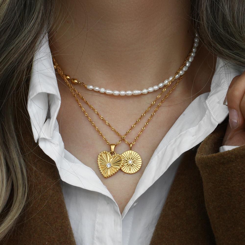 MamacitaSlay Jewelry Leaf Circle Heart Stripe Pendant Necklaces Zircon Inlaid 18K Plated Stainless Steel Necklace Women's Gift