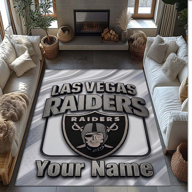 Las Vegas Raiders Crystal Velvet Rug, Custom Name Text Personalized Non‑Slip Floor Mat for Home Decor Gift