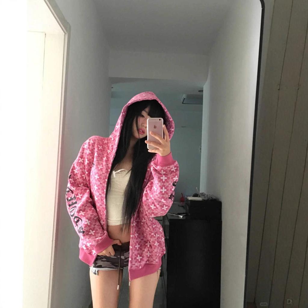 American Retro High Street Gothic Letter Hooded Sweater Women's 2025 New Loose Zipper Cardigan Jacket