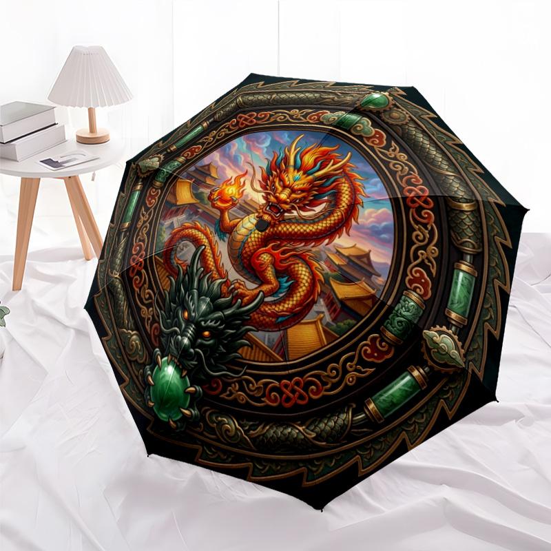 Chinese Dragon Emblem pattern umbrella, portable and foldable design, 8 ribs, a casual accessory for Halloween, Christmas, and birthday gifts.
