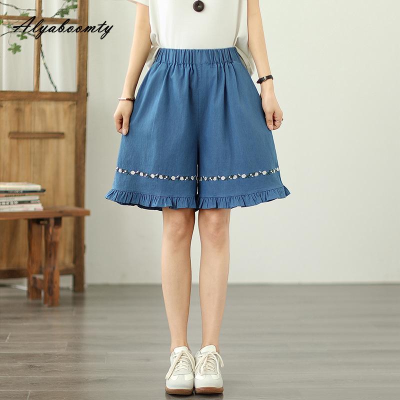 

Большие размеры корейский стиль летние женские широкие шорты с эластичной резинкой на талии синие повседневные свободные шорты с цветочной вышивкой и оборками женские шорты M светло-синий