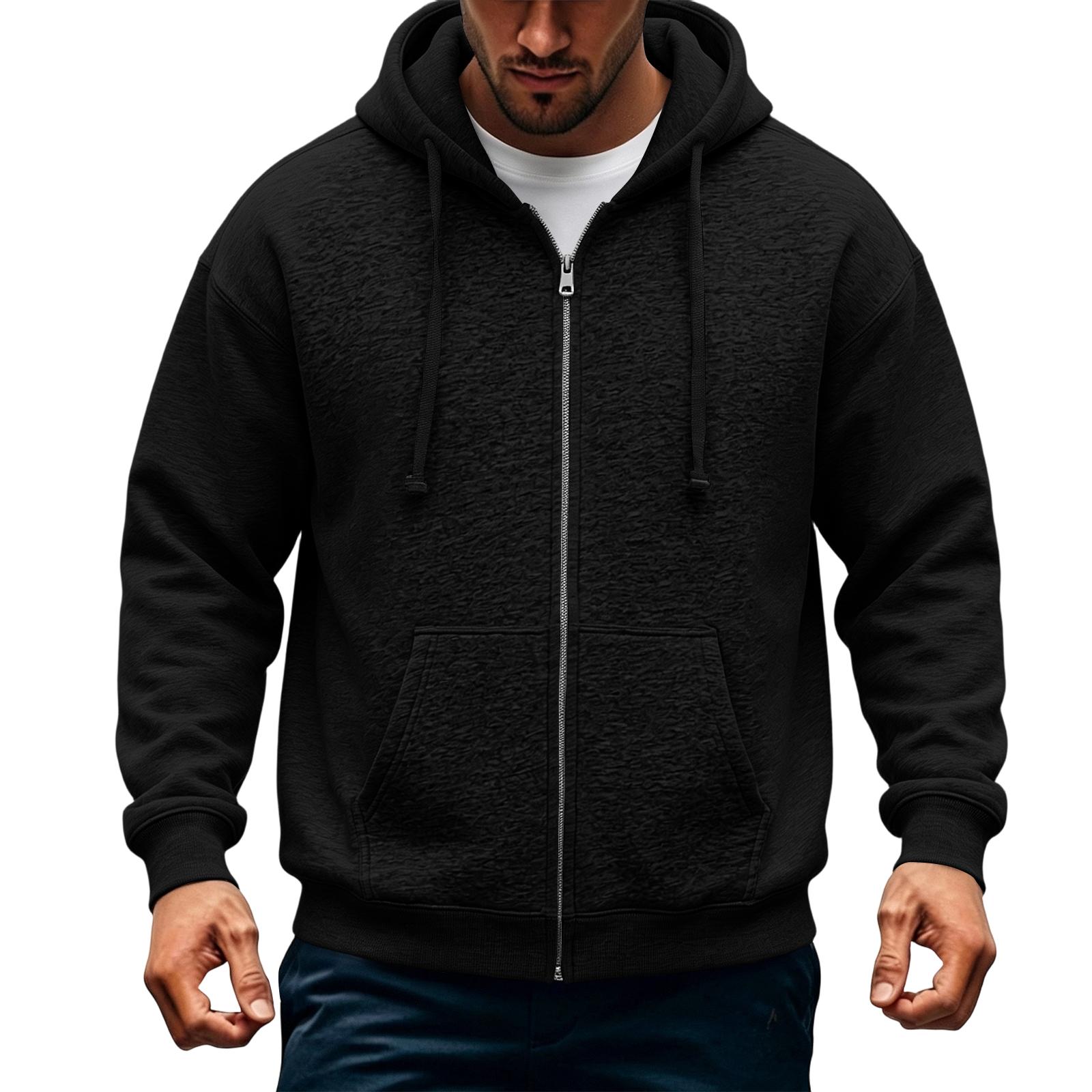Men s Casual Zip-Up Hoodie Loose Fit Long Sleeve Sweatshirt for Fall Winter L чёрный