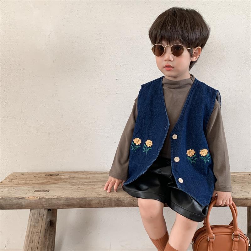 

Джинсовый жилет Jiaye Kids Autumn 2024 с вышивкой для мальчиков и девочек - свободная модная куртка 90 cm синий