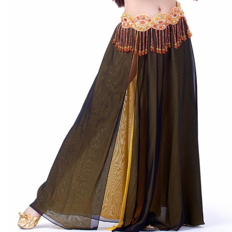 Belly Dance Skirt Double Slits Dance Training Dress Chiffon Long Skirt for Professional and Beginner