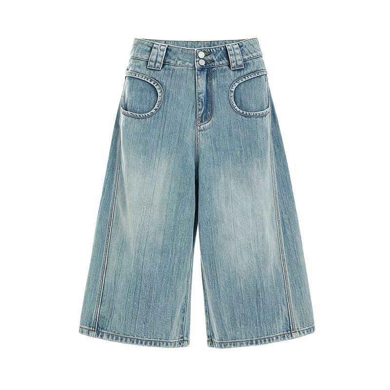 Trendy Summer Designer Slub Vintage Distressed Loose Straight Wide Leg Cropped Capri Denim Pants For Women Versatile Slimming Casual Bottoms