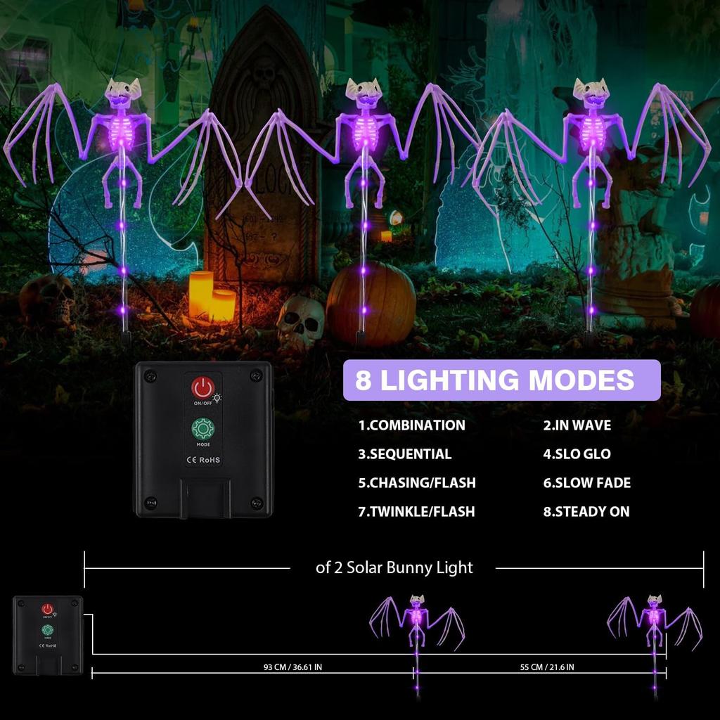 Хэллоуин Украшения Уличные Садовые Фонари на Солнечной Батарее, 2 ШТУКИ 3D Страшная Летучая Мышь Реалистичный Скелет Наружный Декор, Солнечные Жуткие Фонари для Дорожки в виде Летучих Мышей