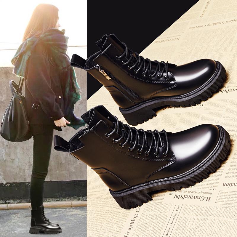 Martin Boots Women's Spring and Autumn New Style Versatile Round Head Thick Sole Heightening Feet Small Black Short Boots