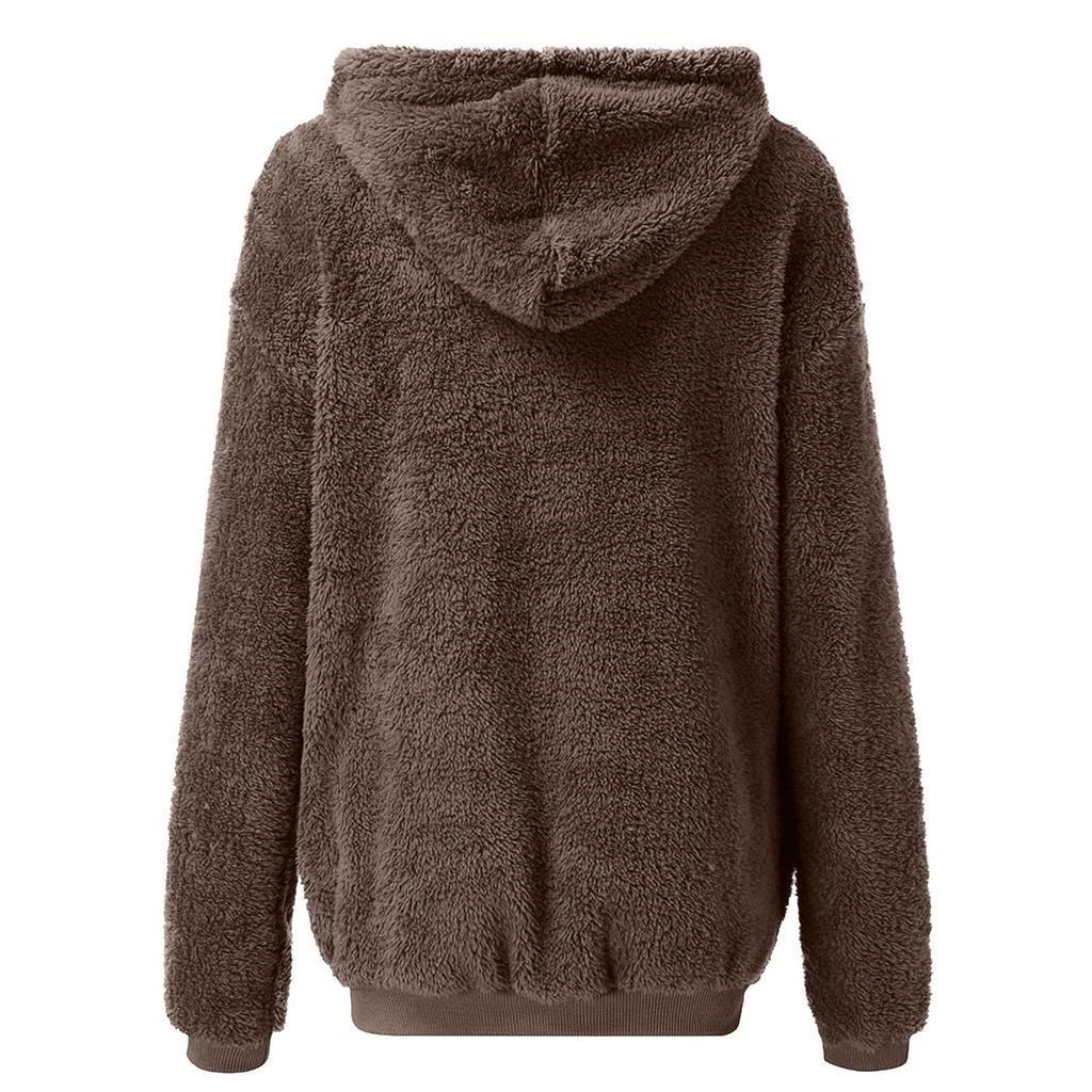 Damemote Avslappet Ensfarget Langermet Kåpe Plysj Glidelås Hettejakke