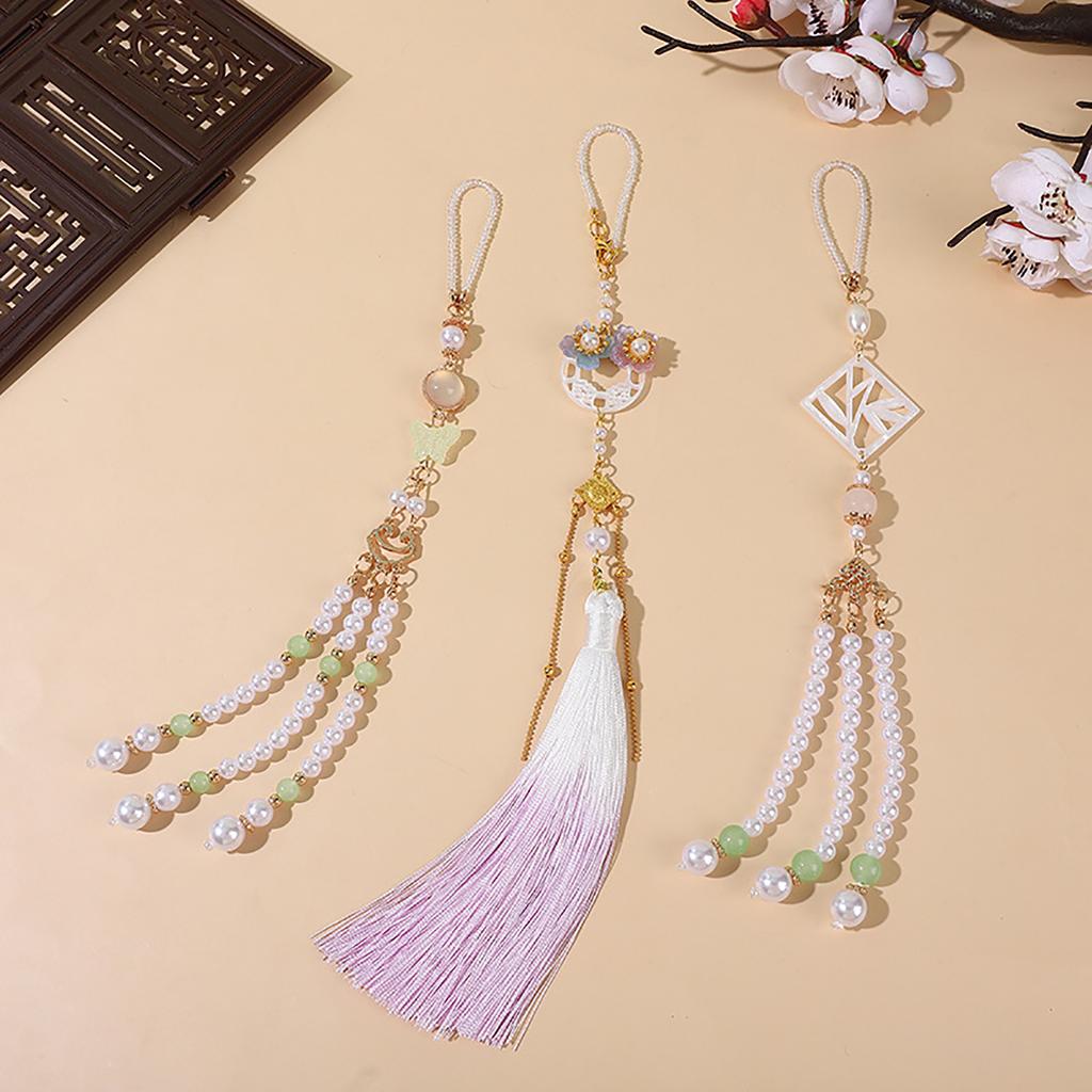 Stylish Waist Ornament Handmade Brooch with Long Fringes and Imitation Pearls Stones Elegant Jewelry for Chinese Attire