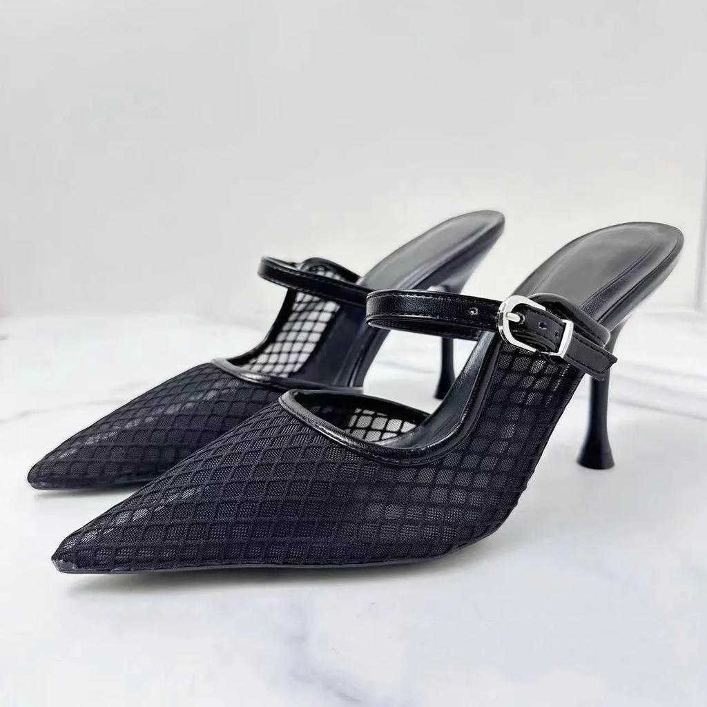Fashion High Heels Mules Shoes for Laides Sexy Pointed Toe 2025 Summer Stilettos Black Hollow Breathable Mesh Vintage Women's Sandals